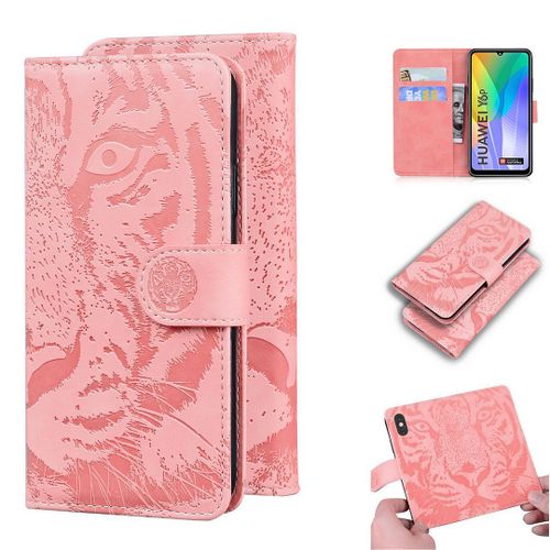 Huawei Y6p Coque, Saturcase Embossage De Tigre Pu Cuir Magnétique Flip Portefeuille Support Porte-Carte Protecteur Housse Étui Pour Huawei Y6p (Rose)