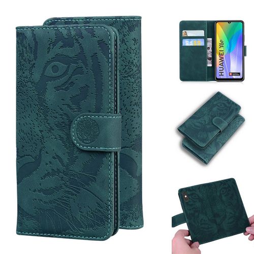 Huawei Y6p Coque, Saturcase Embossage De Tigre Pu Cuir Magnétique Flip Portefeuille Support Porte-Carte Protecteur Housse Étui Pour Huawei Y6p (Vert)
