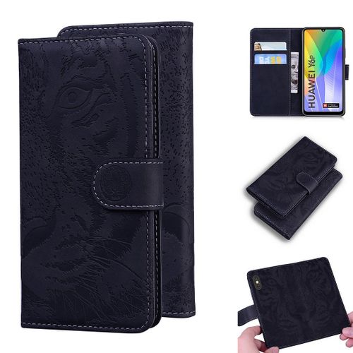 Huawei Y6p Coque, Saturcase Embossage De Tigre Pu Cuir Magnétique Flip Portefeuille Support Porte-Carte Protecteur Housse Étui Pour Huawei Y6p (Noir)