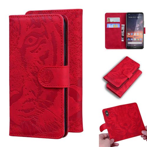 Nokia 3.2 Coque, Saturcase Embossage De Tigre Pu Cuir Magnétique Flip Portefeuille Support Porte-Carte Protecteur Housse Étui Pour Nokia 3.2 (Rouge)
