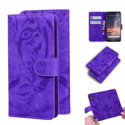Nokia 3.2 Coque, Saturcase Embossage De Tigre Pu Cuir Magnétique Flip Portefeuille Support Porte-Carte Protecteur Housse Étui Pour Nokia 3.2 (Violet)
