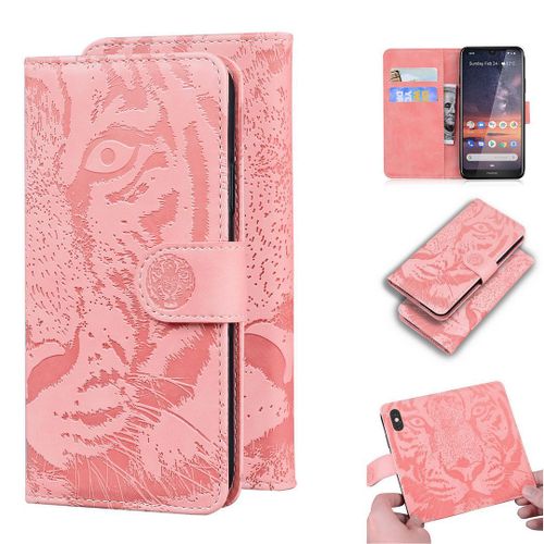 Nokia 3.2 Coque, Saturcase Embossage De Tigre Pu Cuir Magnétique Flip Portefeuille Support Porte-Carte Protecteur Housse Étui Pour Nokia 3.2 (Rose)