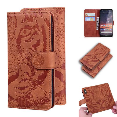 Nokia 3.2 Coque, Saturcase Embossage De Tigre Pu Cuir Magnétique Flip Portefeuille Support Porte-Carte Protecteur Housse Étui Pour Nokia 3.2 (Marron)
