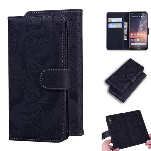 Nokia 3.2 Coque, Saturcase Embossage De Tigre Pu Cuir Magnétique Flip Portefeuille Support Porte-Carte Protecteur Housse Étui Pour Nokia 3.2 (Noir)