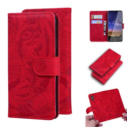 Nokia 2.2 Coque, Saturcase Embossage De Tigre Pu Cuir Magnétique Flip Portefeuille Support Porte-Carte Protecteur Housse Étui Pour Nokia 2.2 (Rouge)