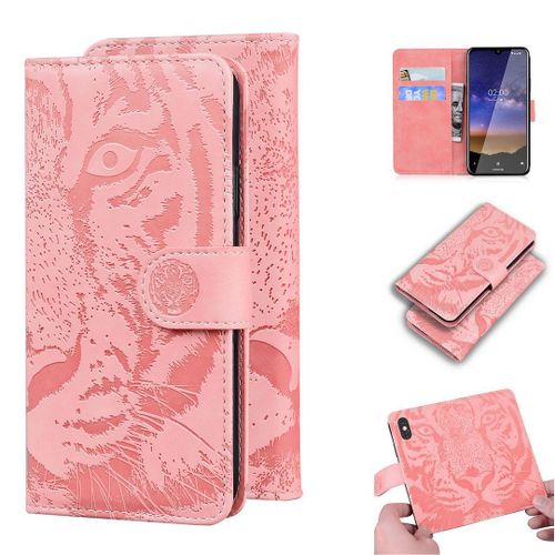 Nokia 2.2 Coque, Saturcase Embossage De Tigre Pu Cuir Magnétique Flip Portefeuille Support Porte-Carte Protecteur Housse Étui Pour Nokia 2.2 (Rose)