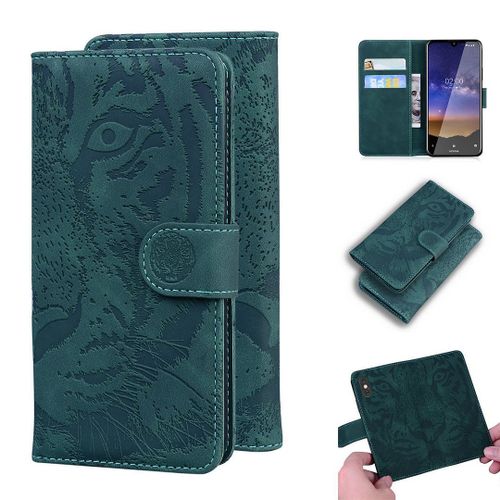 Nokia 2.2 Coque, Saturcase Embossage De Tigre Pu Cuir Magnétique Flip Portefeuille Support Porte-Carte Protecteur Housse Étui Pour Nokia 2.2 (Vert)