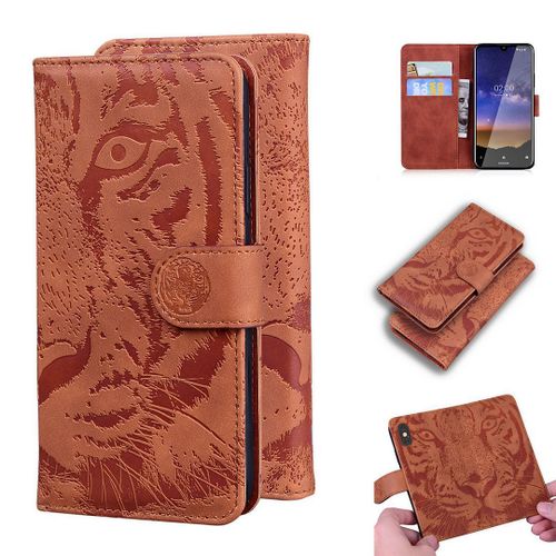 Nokia 2.2 Coque, Saturcase Embossage De Tigre Pu Cuir Magnétique Flip Portefeuille Support Porte-Carte Protecteur Housse Étui Pour Nokia 2.2 (Marron)