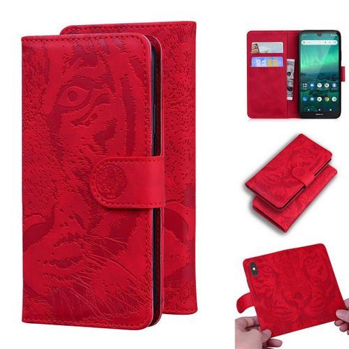 Nokia 1.3 Coque, Saturcase Embossage De Tigre Pu Cuir Magnétique Flip Portefeuille Support Porte-Carte Protecteur Housse Étui Pour Nokia 1.3 (Rouge)