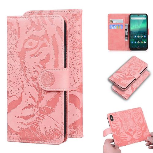 Nokia 1.3 Coque, Saturcase Embossage De Tigre Pu Cuir Magnétique Flip Portefeuille Support Porte-Carte Protecteur Housse Étui Pour Nokia 1.3 (Rose)