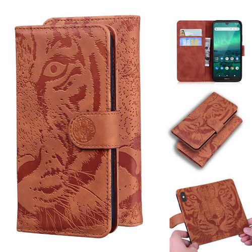 Nokia 1.3 Coque, Saturcase Embossage De Tigre Pu Cuir Magnétique Flip Portefeuille Support Porte-Carte Protecteur Housse Étui Pour Nokia 1.3 (Marron)