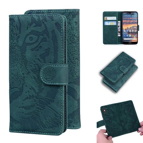 Nokia 4.2 Coque, Saturcase Embossage De Tigre Pu Cuir Magnétique Flip Portefeuille Support Porte-Carte Protecteur Housse Étui Pour Nokia 4.2 (Vert)