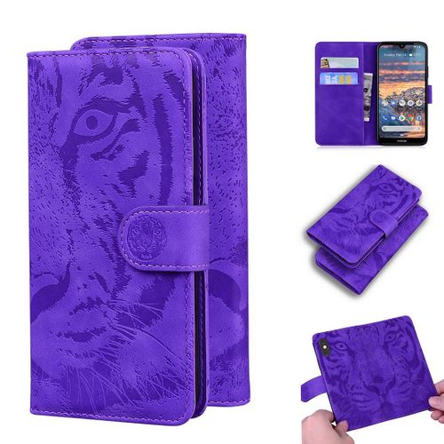 Nokia 4.2 Coque, Saturcase Embossage De Tigre Pu Cuir Magnétique Flip Portefeuille Support Porte-Carte Protecteur Housse Étui Pour Nokia 4.2 (Violet)
