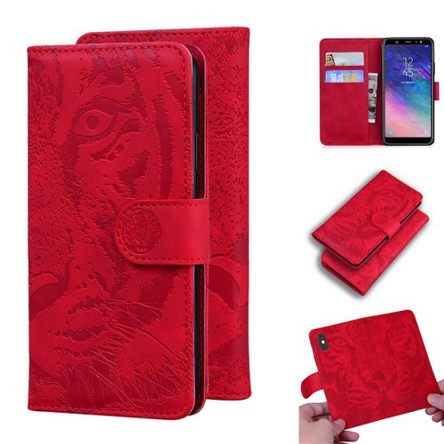 Samsung Galaxy A6 Plus 2018 Coque, Saturcase Embossage De Tigre Pu Cuir Magnétique Flip Portefeuille Support Porte-Carte Protecteur Housse Étui Pour Samsung Galaxy A6 Plus 2018 (Rouge)