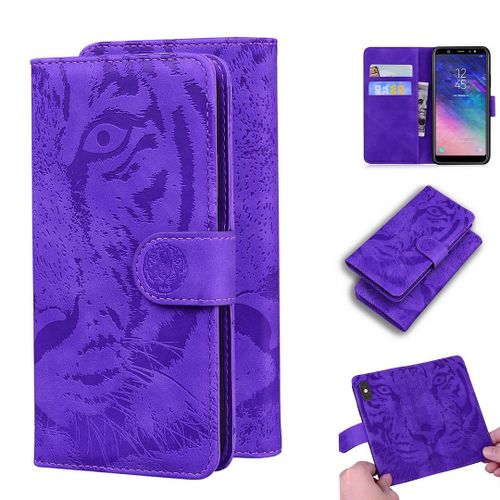 Samsung Galaxy A6 Plus 2018 Coque, Saturcase Embossage De Tigre Pu Cuir Magnétique Flip Portefeuille Support Porte-Carte Protecteur Housse Étui Pour Samsung Galaxy A6 Plus 2018 (Violet)