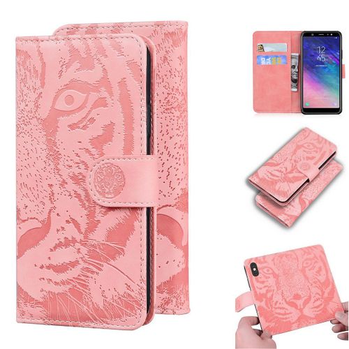 Samsung Galaxy A6 Plus 2018 Coque, Saturcase Embossage De Tigre Pu Cuir Magnétique Flip Portefeuille Support Porte-Carte Protecteur Housse Étui Pour Samsung Galaxy A6 Plus 2018 (Rose)