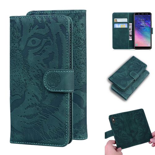 Samsung Galaxy A6 Plus 2018 Coque, Saturcase Embossage De Tigre Pu Cuir Magnétique Flip Portefeuille Support Porte-Carte Protecteur Housse Étui Pour Samsung Galaxy A6 Plus 2018 (Vert)