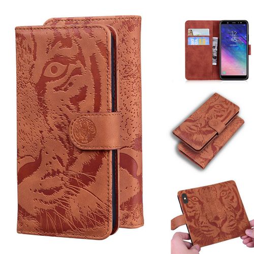 Samsung Galaxy A6 Plus 2018 Coque, Saturcase Embossage De Tigre Pu Cuir Magnétique Flip Portefeuille Support Porte-Carte Protecteur Housse Étui Pour Samsung Galaxy A6 Plus 2018 (Marron)