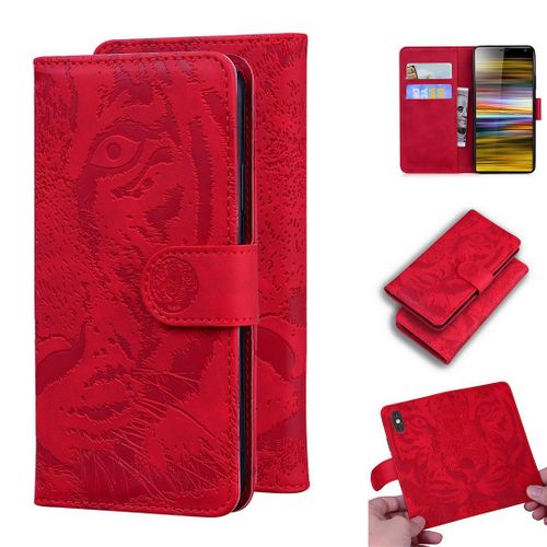 Sony Xperia 10 Plus Coque, Saturcase Embossage De Tigre Pu Cuir Magnétique Flip Portefeuille Support Porte-Carte Protecteur Housse Étui Pour Sony Xperia 10 Plus (Rouge)