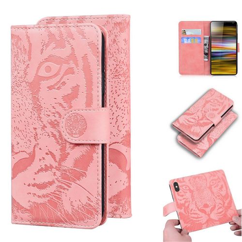 Sony Xperia 10 Plus Coque, Saturcase Embossage De Tigre Pu Cuir Magnétique Flip Portefeuille Support Porte-Carte Protecteur Housse Étui Pour Sony Xperia 10 Plus (Rose)
