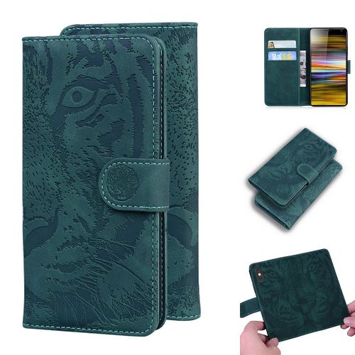 Sony Xperia 10 Plus Coque, Saturcase Embossage De Tigre Pu Cuir Magnétique Flip Portefeuille Support Porte-Carte Protecteur Housse Étui Pour Sony Xperia 10 Plus (Vert)