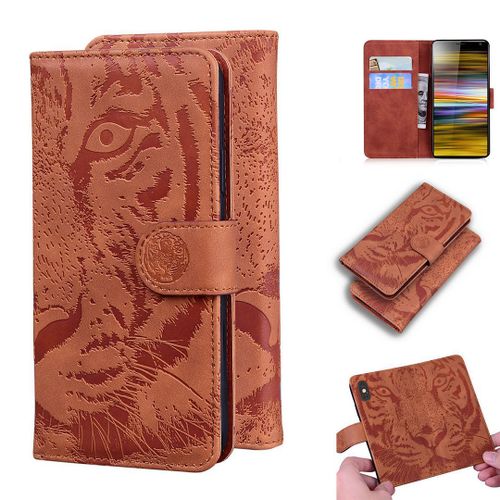 Sony Xperia 10 Plus Coque, Saturcase Embossage De Tigre Pu Cuir Magnétique Flip Portefeuille Support Porte-Carte Protecteur Housse Étui Pour Sony Xperia 10 Plus (Marron)