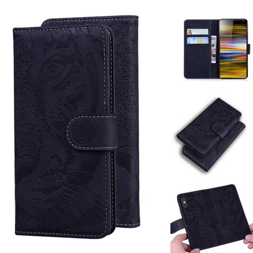 Sony Xperia 10 Plus Coque, Saturcase Embossage De Tigre Pu Cuir Magnétique Flip Portefeuille Support Porte-Carte Protecteur Housse Étui Pour Sony Xperia 10 Plus (Noir)