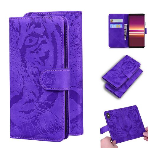 Sony Xperia 5 Coque, Saturcase Embossage De Tigre Pu Cuir Magnétique Flip Portefeuille Support Porte-Carte Protecteur Housse Étui Pour Sony Xperia 5 (Violet)