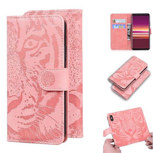 Sony Xperia 5 Coque, Saturcase Embossage De Tigre Pu Cuir Magnétique Flip Portefeuille Support Porte-Carte Protecteur Housse Étui Pour Sony Xperia 5 (Rose)