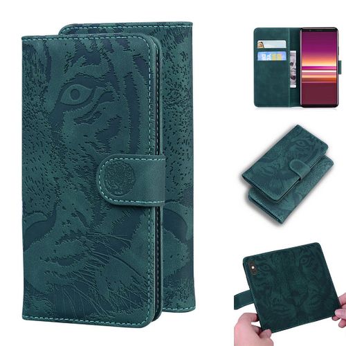 Sony Xperia 5 Coque, Saturcase Embossage De Tigre Pu Cuir Magnétique Flip Portefeuille Support Porte-Carte Protecteur Housse Étui Pour Sony Xperia 5 (Vert)