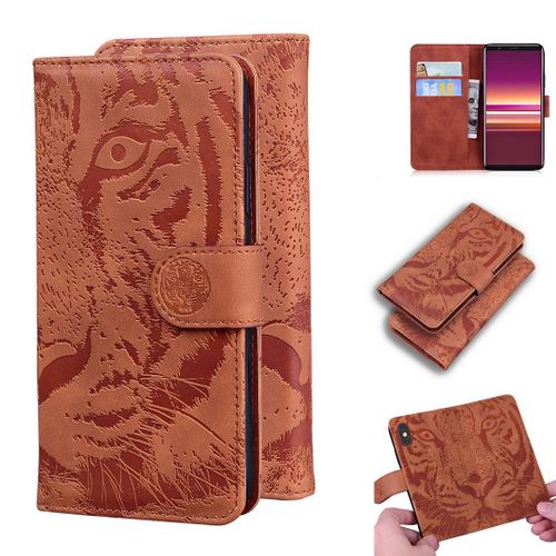 Sony Xperia 5 Coque, Saturcase Embossage De Tigre Pu Cuir Magnétique Flip Portefeuille Support Porte-Carte Protecteur Housse Étui Pour Sony Xperia 5 (Marron)