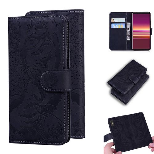 Sony Xperia 5 Coque, Saturcase Embossage De Tigre Pu Cuir Magnétique Flip Portefeuille Support Porte-Carte Protecteur Housse Étui Pour Sony Xperia 5 (Noir)