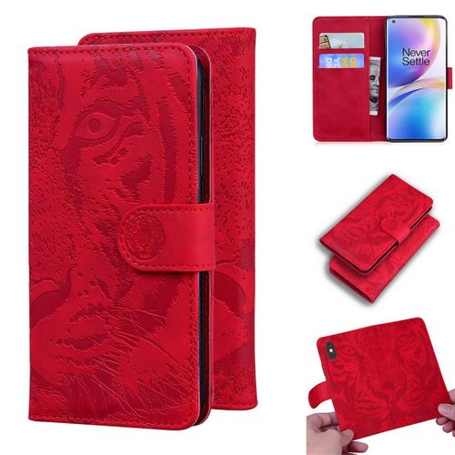 Oneplus 8 Pro Coque, Saturcase Embossage De Tigre Pu Cuir Magnétique Flip Portefeuille Support Porte-Carte Protecteur Housse Étui Pour Oneplus 8 Pro (Rouge)