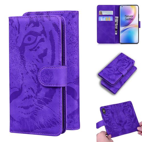 Oneplus 8 Pro Coque, Saturcase Embossage De Tigre Pu Cuir Magnétique Flip Portefeuille Support Porte-Carte Protecteur Housse Étui Pour Oneplus 8 Pro (Violet)