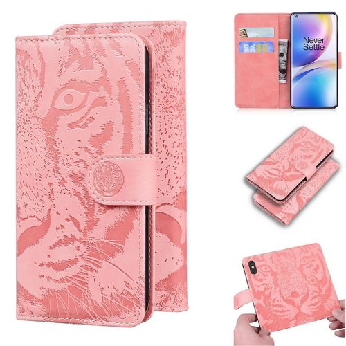 Oneplus 8 Pro Coque, Saturcase Embossage De Tigre Pu Cuir Magnétique Flip Portefeuille Support Porte-Carte Protecteur Housse Étui Pour Oneplus 8 Pro (Rose)