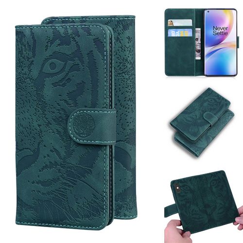Oneplus 8 Pro Coque, Saturcase Embossage De Tigre Pu Cuir Magnétique Flip Portefeuille Support Porte-Carte Protecteur Housse Étui Pour Oneplus 8 Pro (Vert)