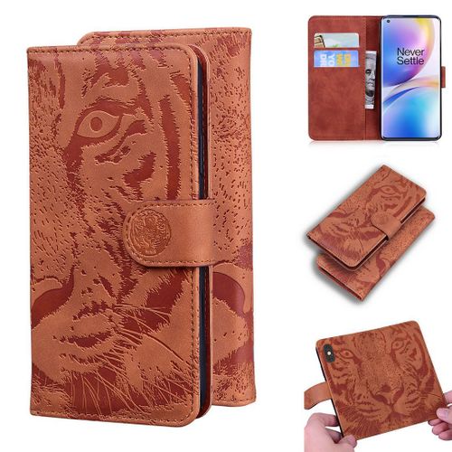 Oneplus 8 Pro Coque, Saturcase Embossage De Tigre Pu Cuir Magnétique Flip Portefeuille Support Porte-Carte Protecteur Housse Étui Pour Oneplus 8 Pro (Marron)