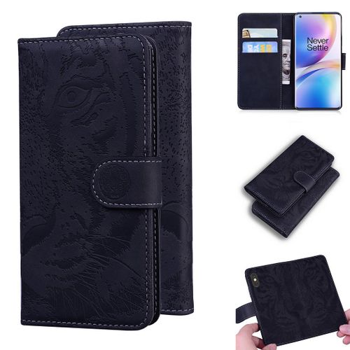 Oneplus 8 Pro Coque, Saturcase Embossage De Tigre Pu Cuir Magnétique Flip Portefeuille Support Porte-Carte Protecteur Housse Étui Pour Oneplus 8 Pro (Noir)