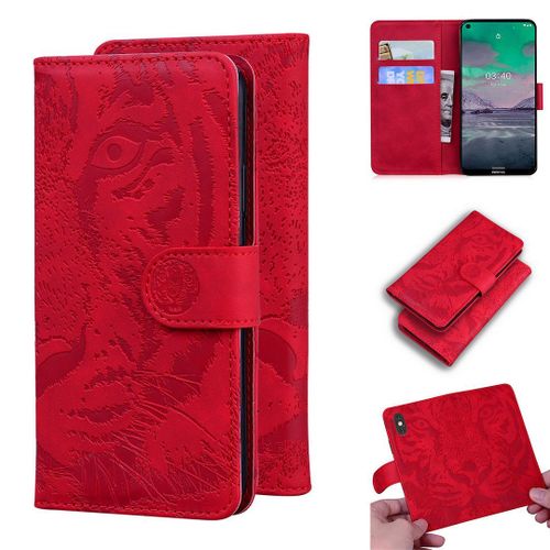 Nokia 3.4 Coque, Saturcase Embossage De Tigre Pu Cuir Magnétique Flip Portefeuille Support Porte-Carte Protecteur Housse Étui Pour Nokia 3.4 (Rouge)