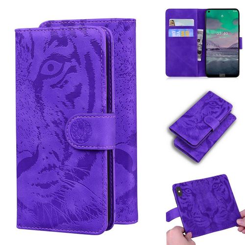 Nokia 3.4 Coque, Saturcase Embossage De Tigre Pu Cuir Magnétique Flip Portefeuille Support Porte-Carte Protecteur Housse Étui Pour Nokia 3.4 (Violet)