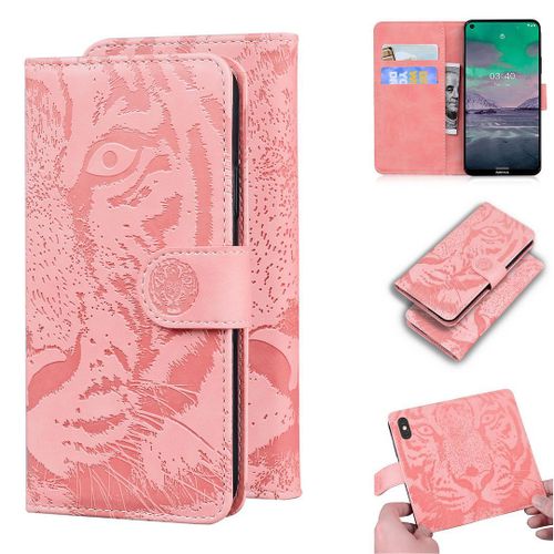 Nokia 3.4 Coque, Saturcase Embossage De Tigre Pu Cuir Magnétique Flip Portefeuille Support Porte-Carte Protecteur Housse Étui Pour Nokia 3.4 (Rose)
