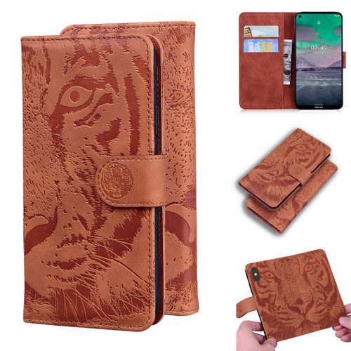 Nokia 3.4 Coque, Saturcase Embossage De Tigre Pu Cuir Magnétique Flip Portefeuille Support Porte-Carte Protecteur Housse Étui Pour Nokia 3.4 (Marron)