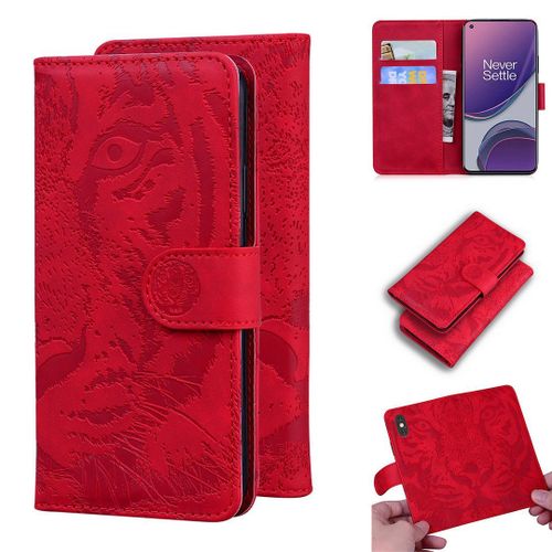 Oneplus 8t Coque, Saturcase Embossage De Tigre Pu Cuir Magnétique Flip Portefeuille Support Porte-Carte Protecteur Housse Étui Pour Oneplus 8t (Rouge)