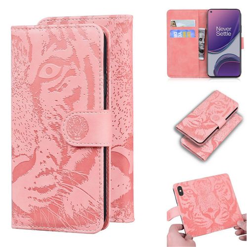 Oneplus 8t Coque, Saturcase Embossage De Tigre Pu Cuir Magnétique Flip Portefeuille Support Porte-Carte Protecteur Housse Étui Pour Oneplus 8t (Rose)