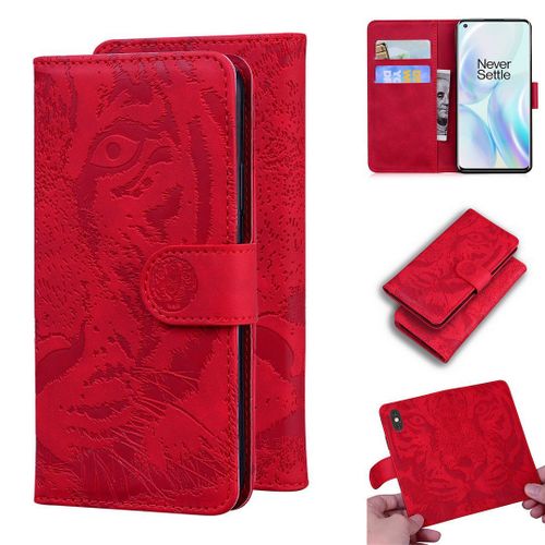 Oneplus 8 Coque, Saturcase Embossage De Tigre Pu Cuir Magnétique Flip Portefeuille Support Porte-Carte Protecteur Housse Étui Pour Oneplus 8 (Rouge)