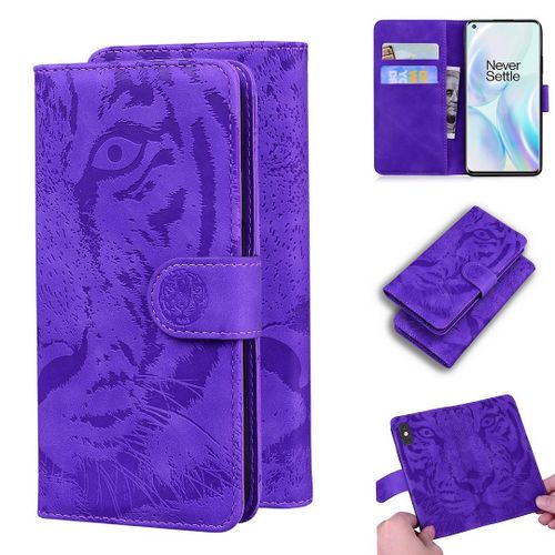 Oneplus 8 Coque, Saturcase Embossage De Tigre Pu Cuir Magnétique Flip Portefeuille Support Porte-Carte Protecteur Housse Étui Pour Oneplus 8 (Violet)
