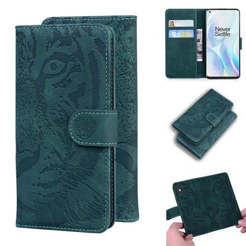 Oneplus 8 Coque, Saturcase Embossage De Tigre Pu Cuir Magnétique Flip Portefeuille Support Porte-Carte Protecteur Housse Étui Pour Oneplus 8 (Vert)
