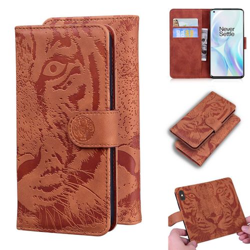 Oneplus 8 Coque, Saturcase Embossage De Tigre Pu Cuir Magnétique Flip Portefeuille Support Porte-Carte Protecteur Housse Étui Pour Oneplus 8 (Marron)