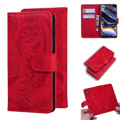 Realme 7 Pro Coque, Saturcase Embossage De Tigre Pu Cuir Magnétique Flip Portefeuille Support Porte-Carte Protecteur Housse Étui Pour Realme 7 Pro (Rouge)