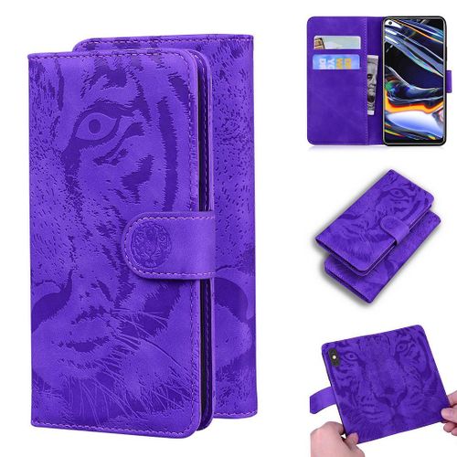 Realme 7 Pro Coque, Saturcase Embossage De Tigre Pu Cuir Magnétique Flip Portefeuille Support Porte-Carte Protecteur Housse Étui Pour Realme 7 Pro (Violet)